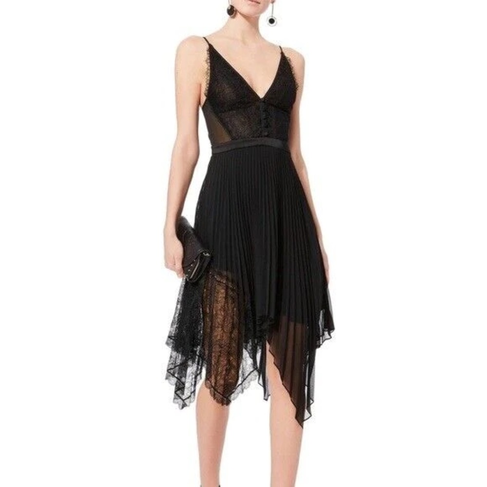 Jonathan Simkhai Black Pleated Lace V-neck Midi Dress Size 6